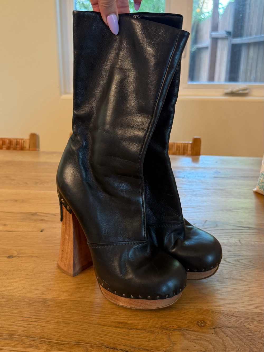Prada Black Leather Platform Block Heel Boots with Wood Heel